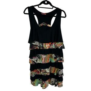 Isle Apparel Black Multicolor Print Tiered Sleeveless Dress Medium